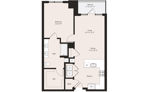 Floor plan for 1 bed, 1 bath, 875 sqft
